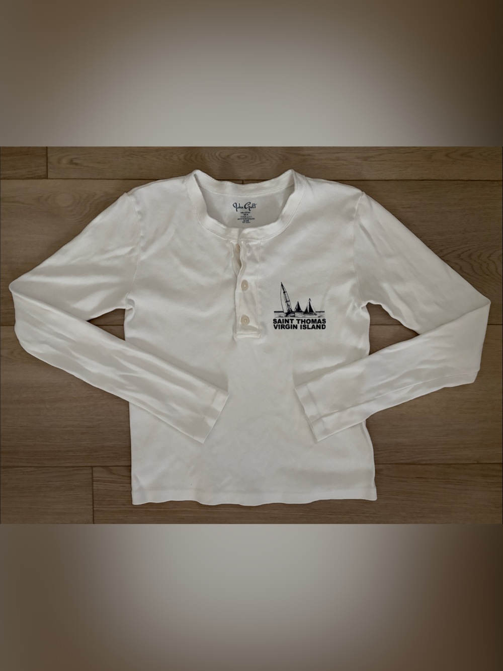 Brandy Melville Cream Long-Sleeve Henley with Nautical Chest Graphic